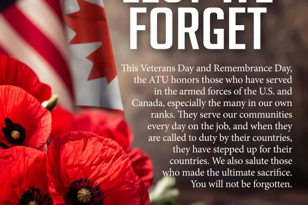 Veterans and Remembrance Day graphic with poppies and in front of American and Canadian Flags in the background