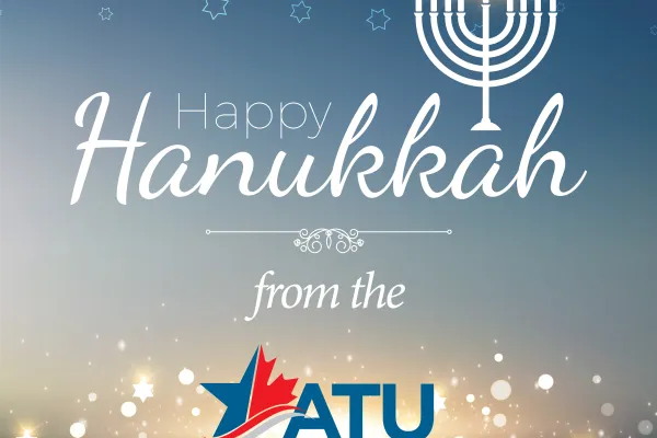 Happy Hanukkah with ATU Logo and Menorah