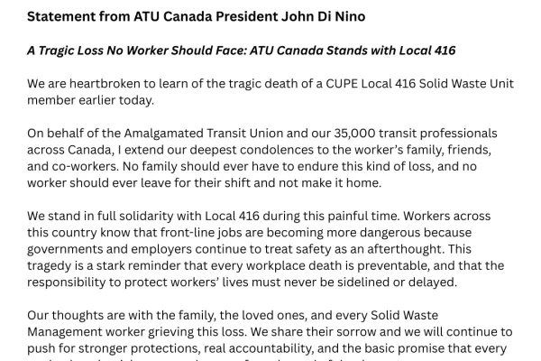 Statement by ATU President John Di Nino