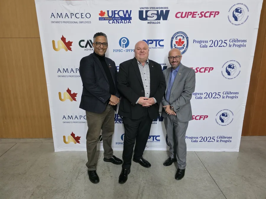 ATU Canada President John Di Nino attending the Broadbent Institutes Progress Gala alongside EVP Jack Jackson and Comms Specialist Matthew Green