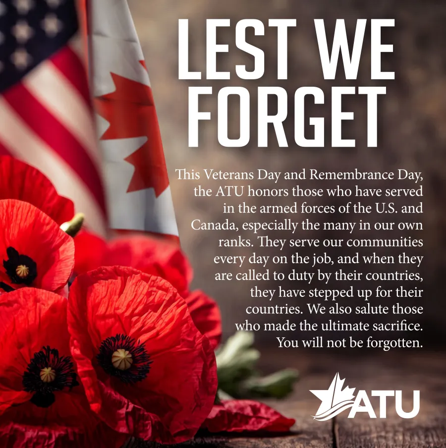 Veterans and Remembrance Day graphic with poppies and in front of American and Canadian Flags in the background