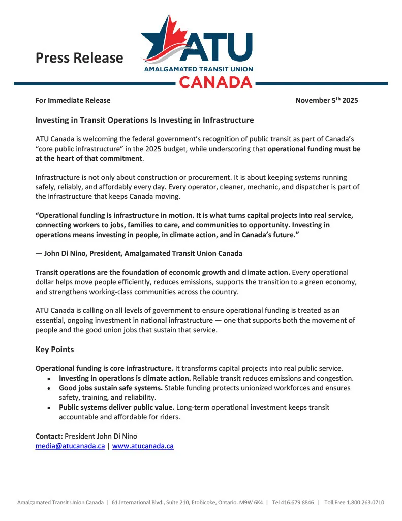ATU Canada response to the 2025 Federal Budget
