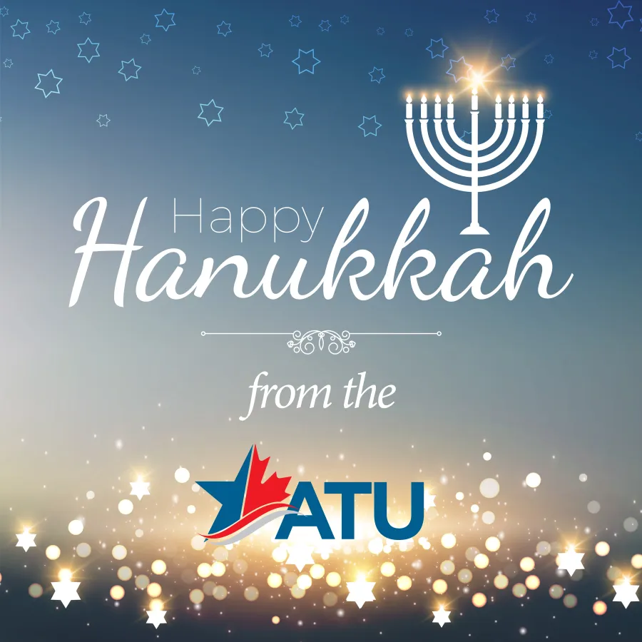 Happy Hanukkah with ATU Logo and Menorah 