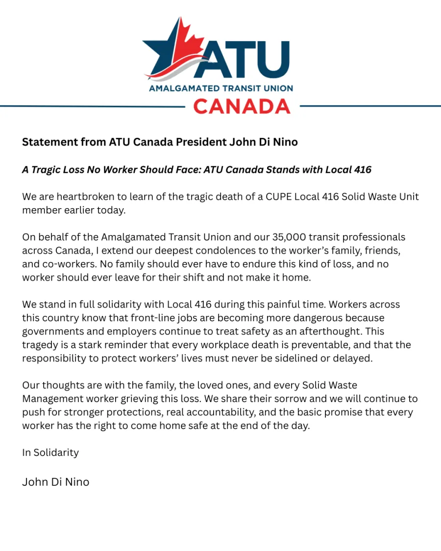 Statement by ATU President John Di Nino